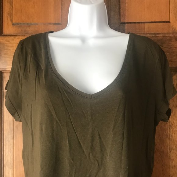 H&M Basic Dark Olive V-Neck Cap Sleeve Tee Large - Picture 2 of 9